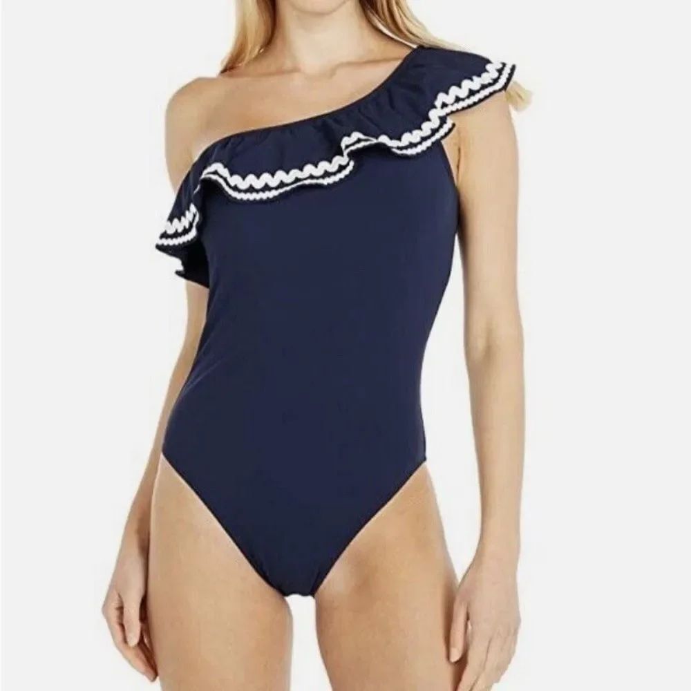 J.Crew one-shoulder ruffle one-piece swimsuit in navy blue